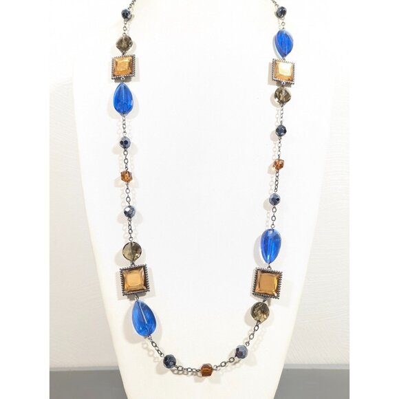Lia Sophia Horizon Necklace Blue Golden Long Layering Statement Necklace 38 in - Picture 1 of 12